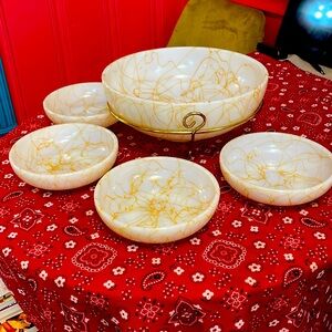 Vintage Hazel Atlas Butterscotch Drizzle Salad set with stand! 6 small 1 large